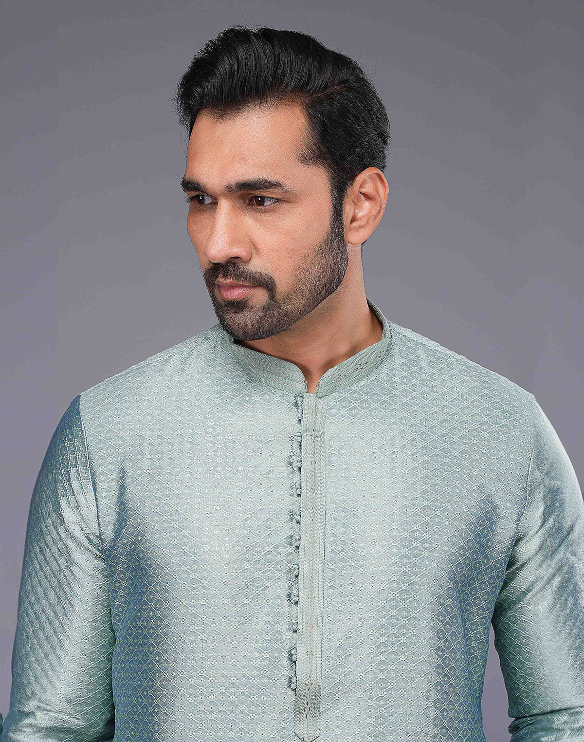 Collection of Light Blue Jacquard Geometric Design Thread Work Kurta Set in a gallery layout