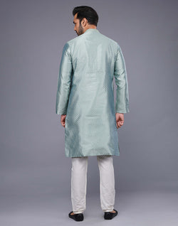 Collection of Light Blue Jacquard Geometric Design Thread Work Kurta Set in a gallery layout