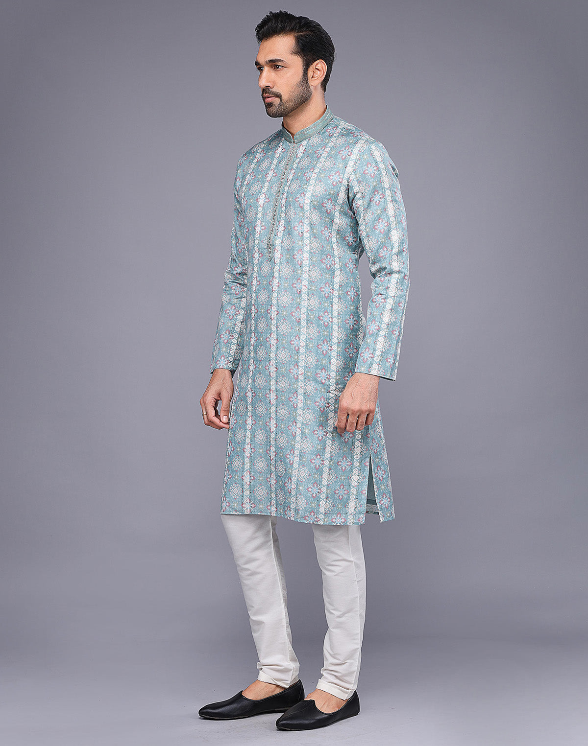 Collection of All Over Floral Print Sea Green Soft Silk Kurta Pyjama Set in a gallery layout