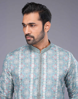 Collection of All Over Floral Print Sea Green Soft Silk Kurta Pyjama Set in a gallery layout