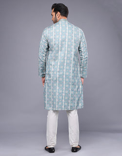 Collection of All Over Floral Print Sea Green Soft Silk Kurta Pyjama Set in a gallery layout