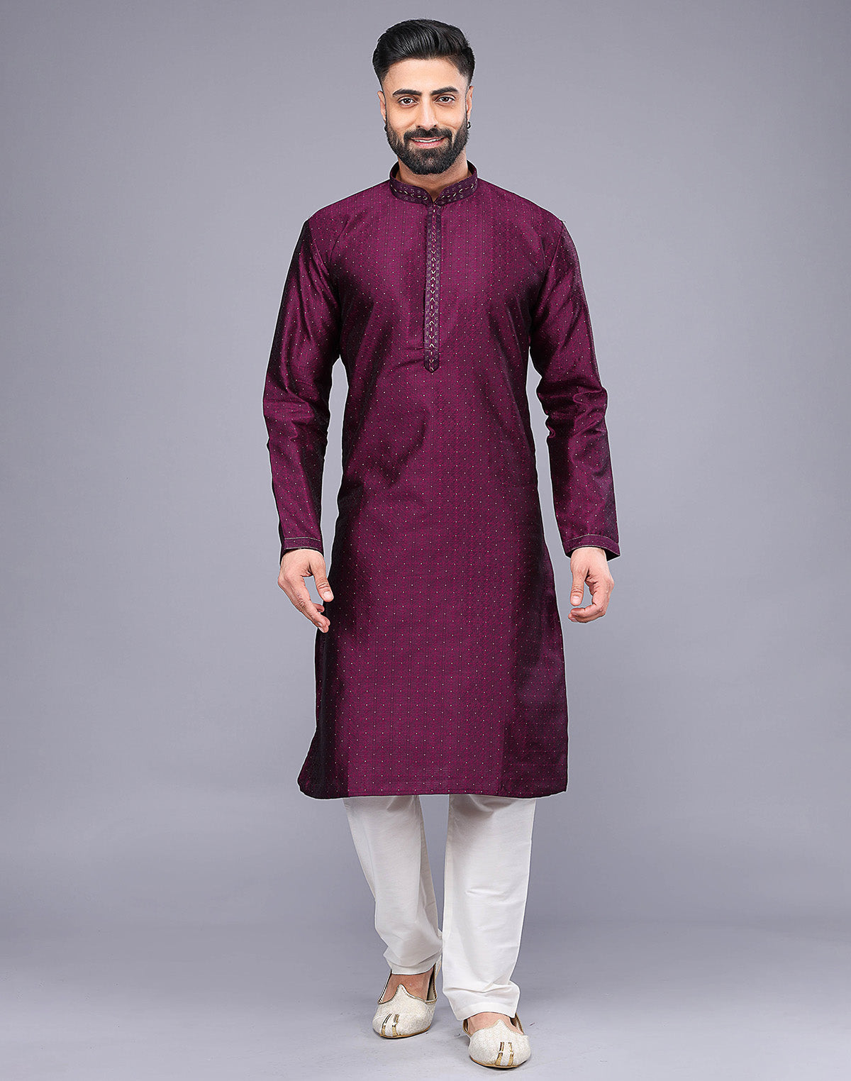 Purple Floral Design Thread Embroidery Work Soft Silk Kurta Set