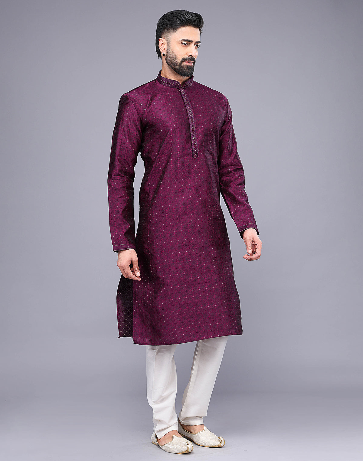 Collection of Purple Floral Design Thread Embroidery Work Soft Silk Kurta Set in a gallery layout