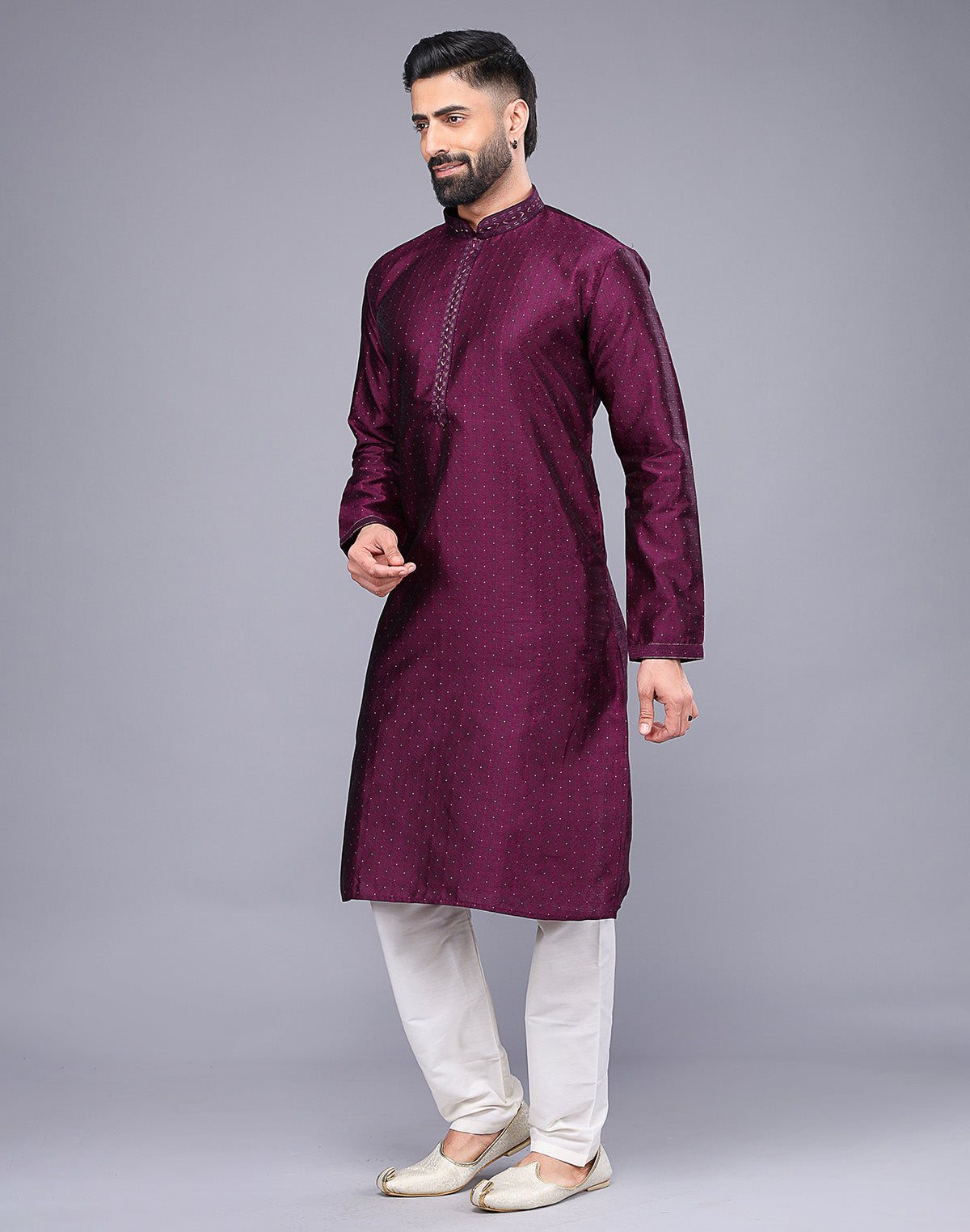 Purple Floral Design Thread Embroidery Work Soft Silk Kurta Set