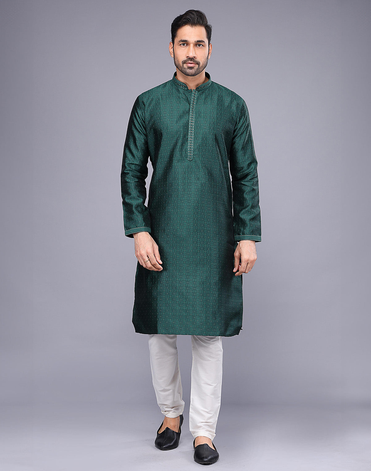 Floral Thread Embroidery Work Soft Silk Kurta Set in Rama Green