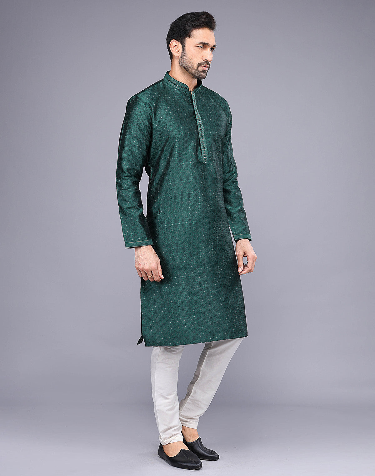 Collection of Floral Thread Embroidery Work Soft Silk Kurta Set in Rama Green in a gallery layout