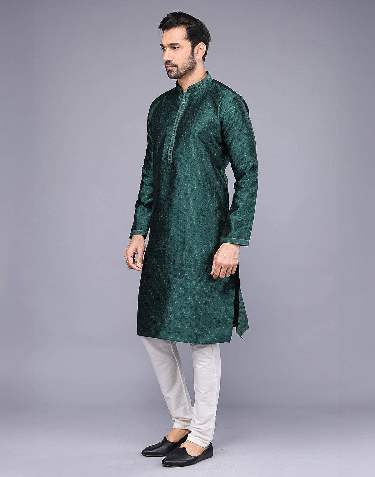 Collection of Floral Thread Embroidery Work Soft Silk Kurta Set in Rama Green in a gallery layout