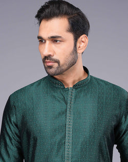 Collection of Floral Thread Embroidery Work Soft Silk Kurta Set in Rama Green in a gallery layout