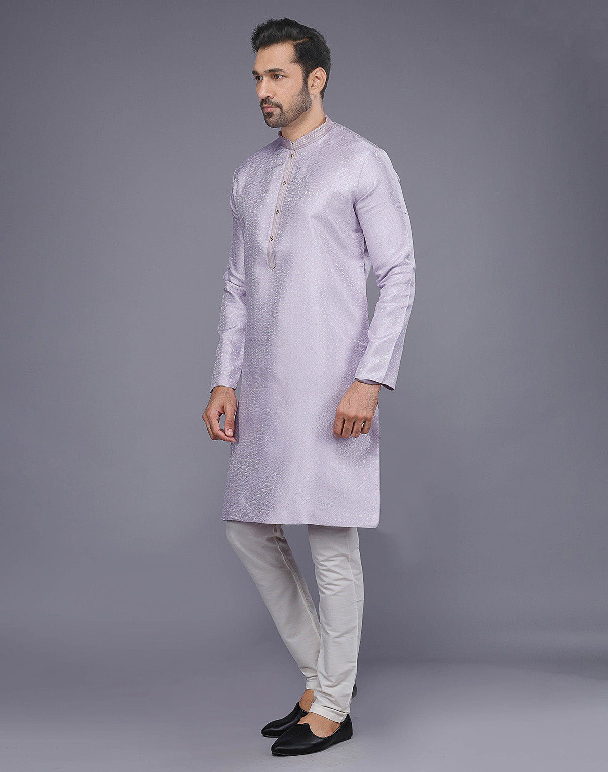 Collection of Lavender Self Design Jacquard Kurta Pajama in a gallery layout