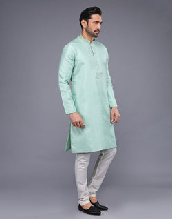 Collection of All Over Self Geometric Design Pista Green Jacquard Kurta Pajama in a gallery layout