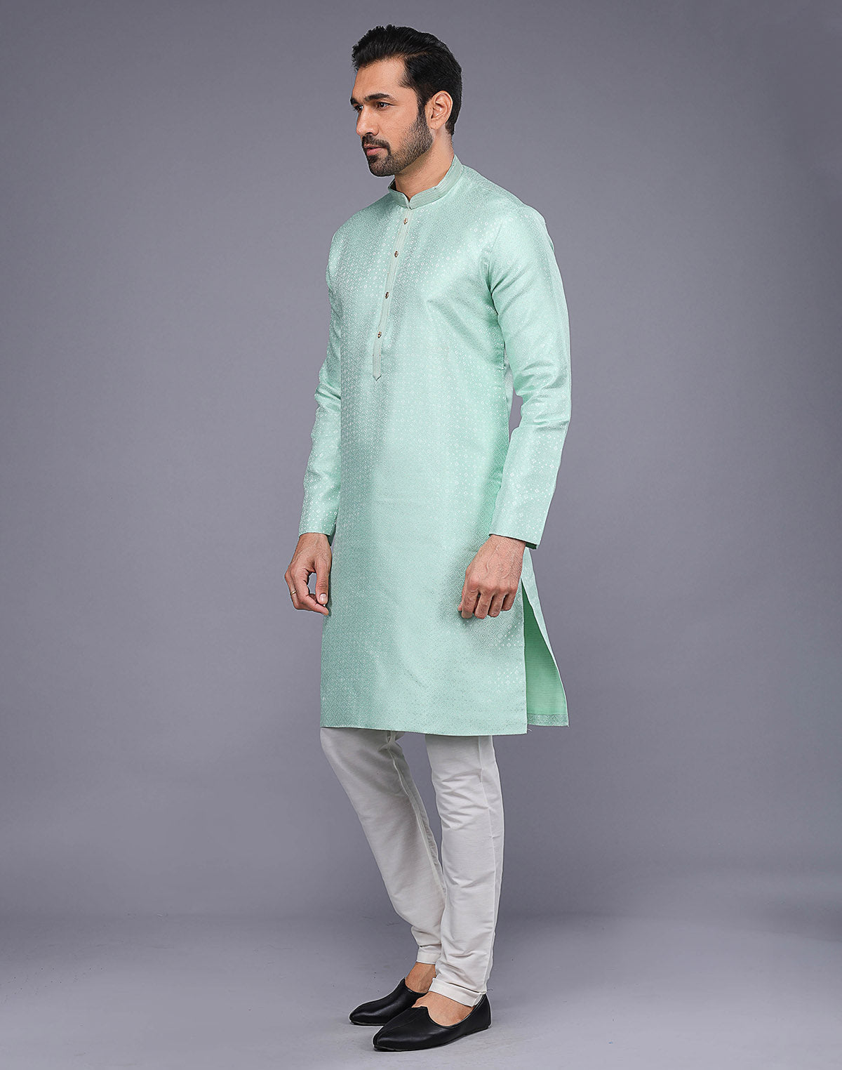 Collection of All Over Self Geometric Design Pista Green Jacquard Kurta Pajama in a gallery layout