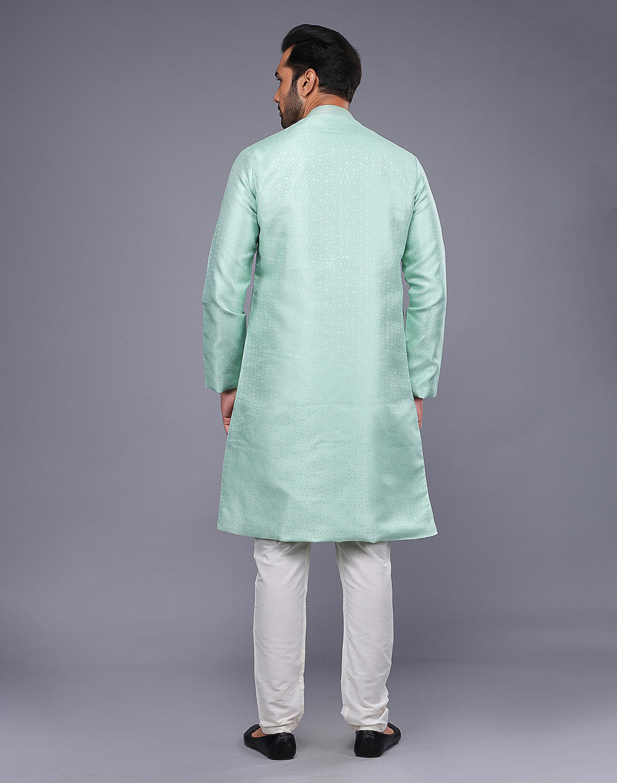 Collection of All Over Self Geometric Design Pista Green Jacquard Kurta Pajama in a gallery layout