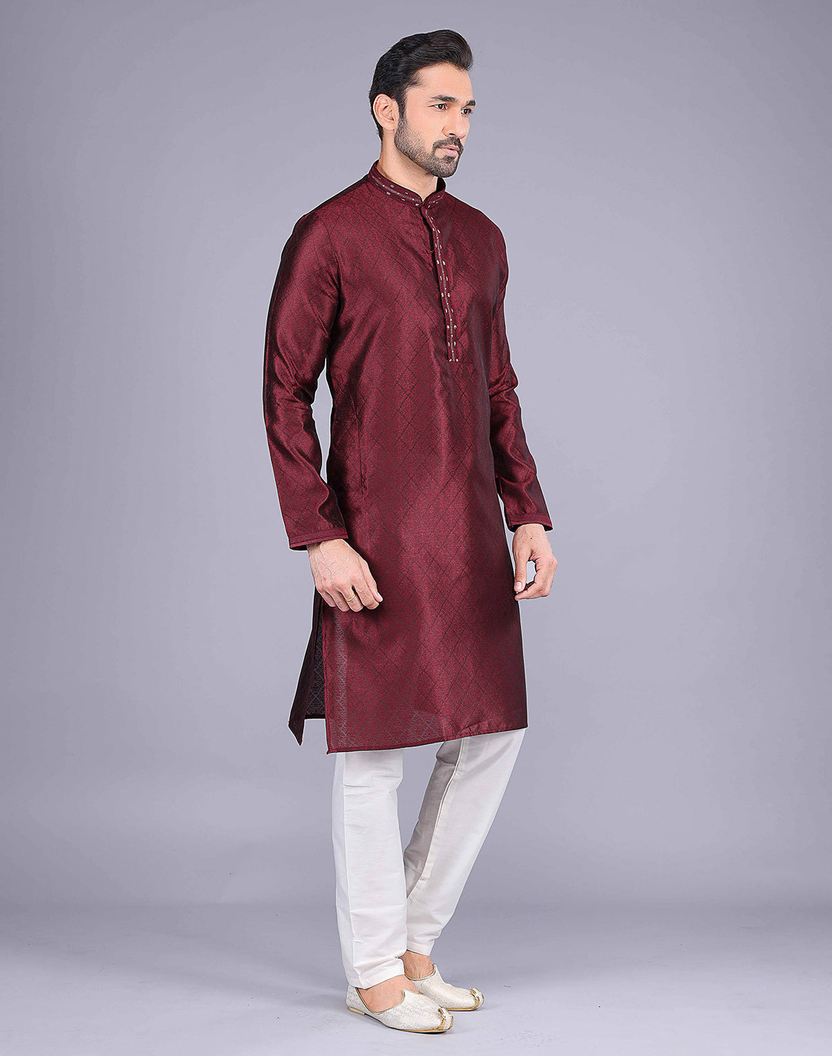 Collection of All Over Self Floral Design Maroon Soft Silk Kurta Pajama in a gallery layout