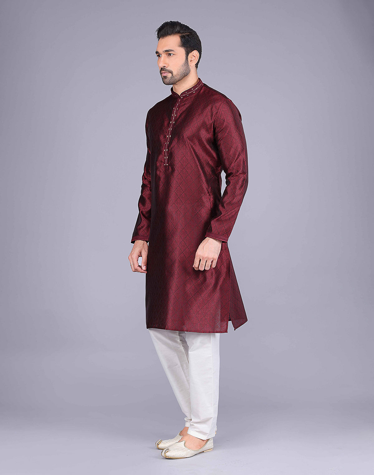 Collection of All Over Self Floral Design Maroon Soft Silk Kurta Pajama in a gallery layout