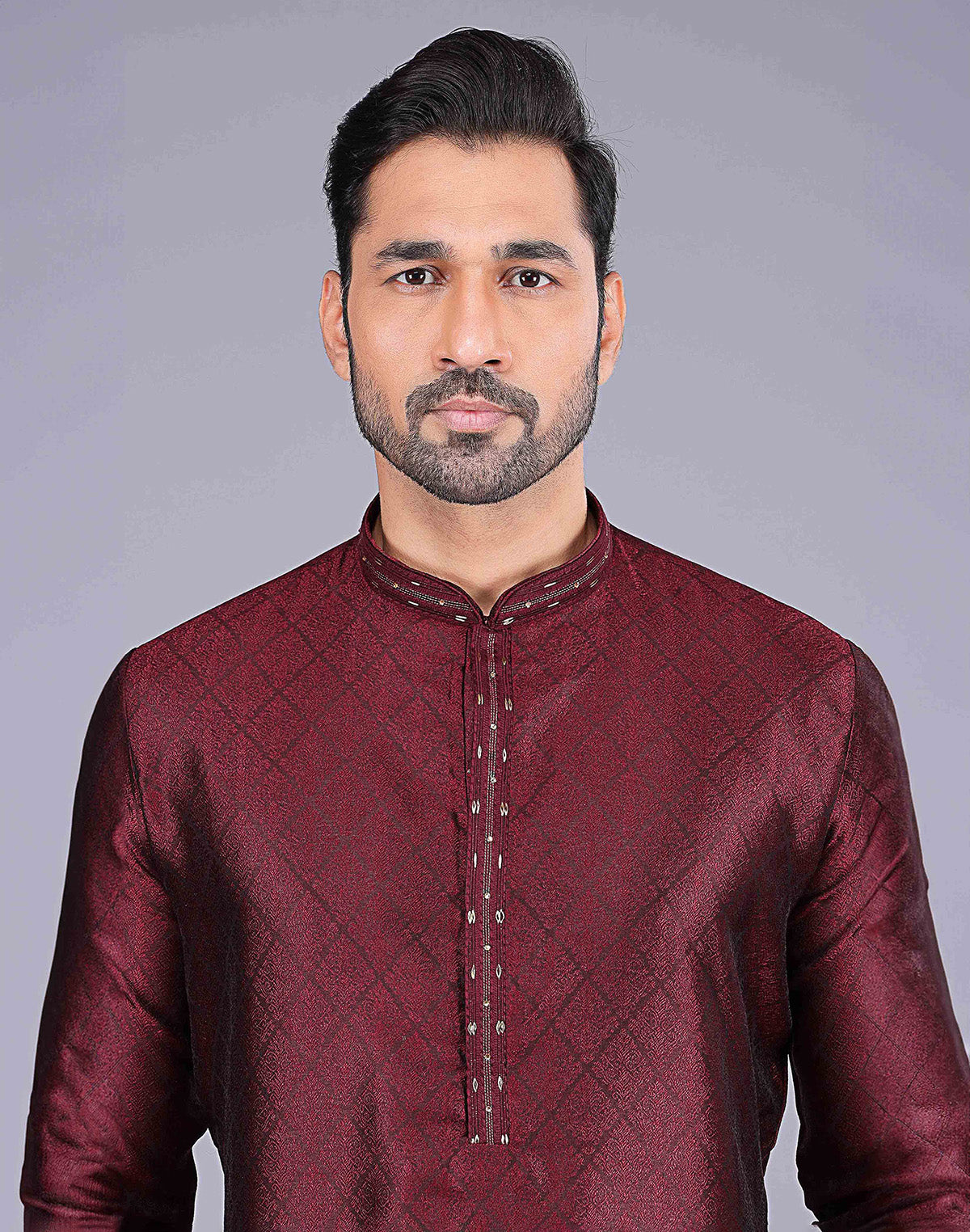 Collection of All Over Self Floral Design Maroon Soft Silk Kurta Pajama in a gallery layout