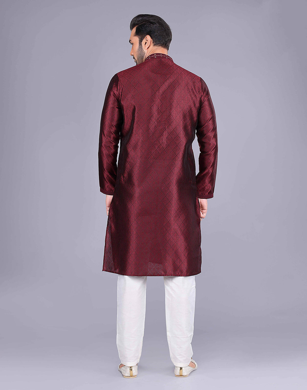 Collection of All Over Self Floral Design Maroon Soft Silk Kurta Pajama in a gallery layout