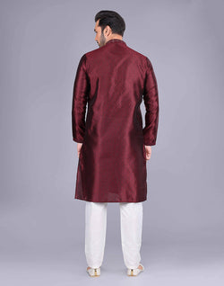 Collection of All Over Self Floral Design Maroon Soft Silk Kurta Pajama in a gallery layout