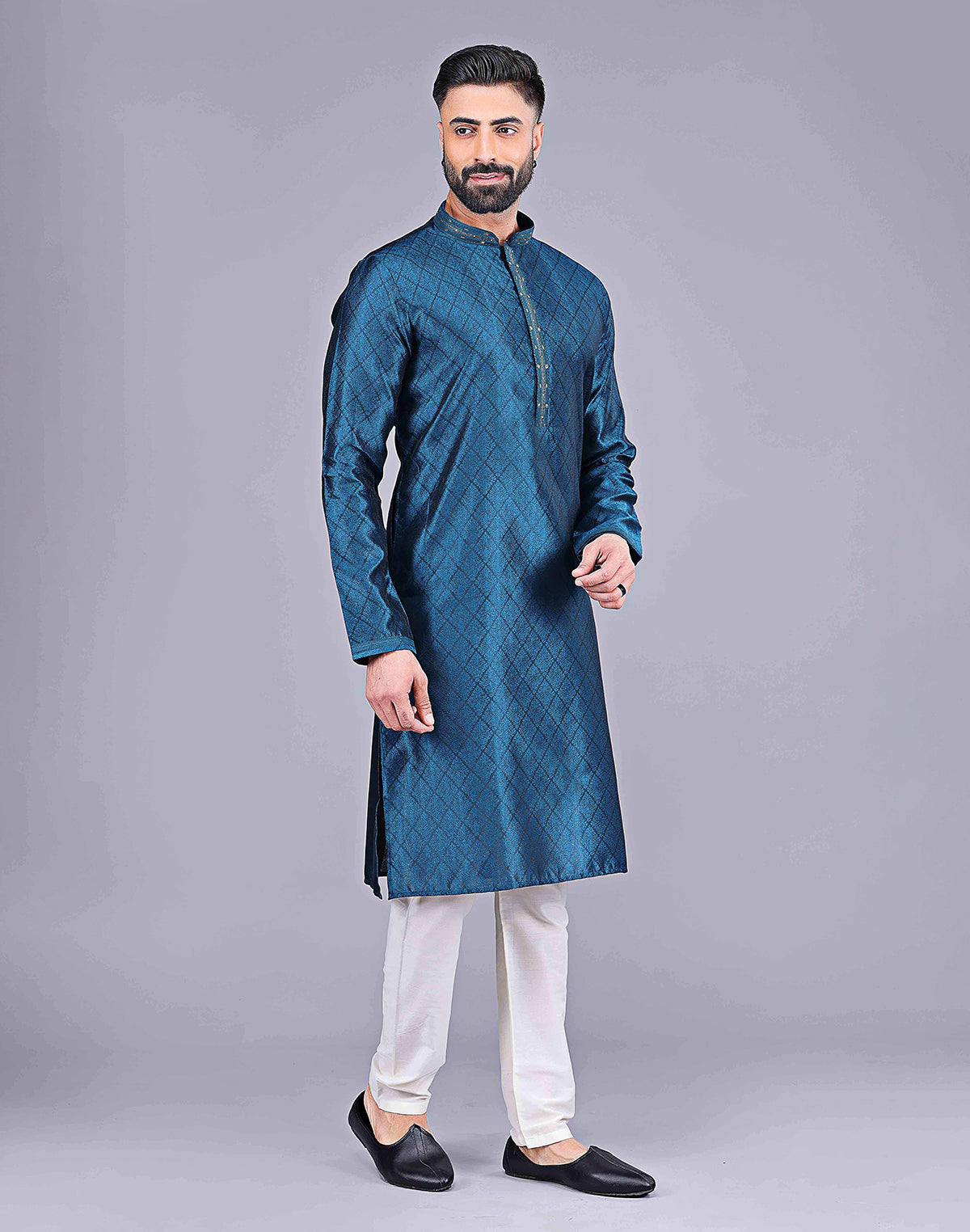 Collection of Stylish Rama Coloured Floral Design Soft Silk Kurta Pajama Set in a gallery layout