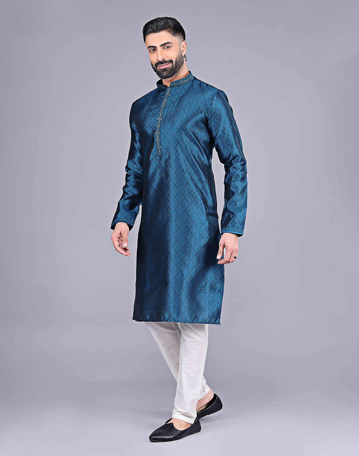 Collection of Stylish Rama Coloured Floral Design Soft Silk Kurta Pajama Set in a gallery layout