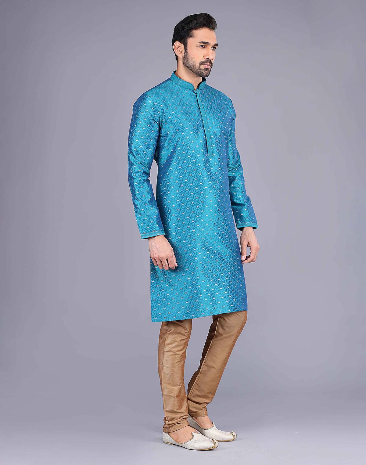 Collection of All Over Self Bootis and Weaving Teal Blue Soft Silk Kurta Set in a gallery layout