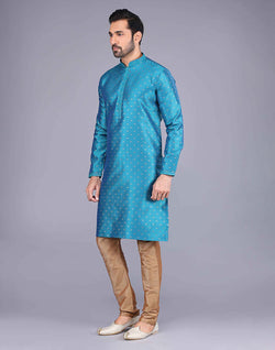 Collection of All Over Self Bootis and Weaving Teal Blue Soft Silk Kurta Set in a gallery layout