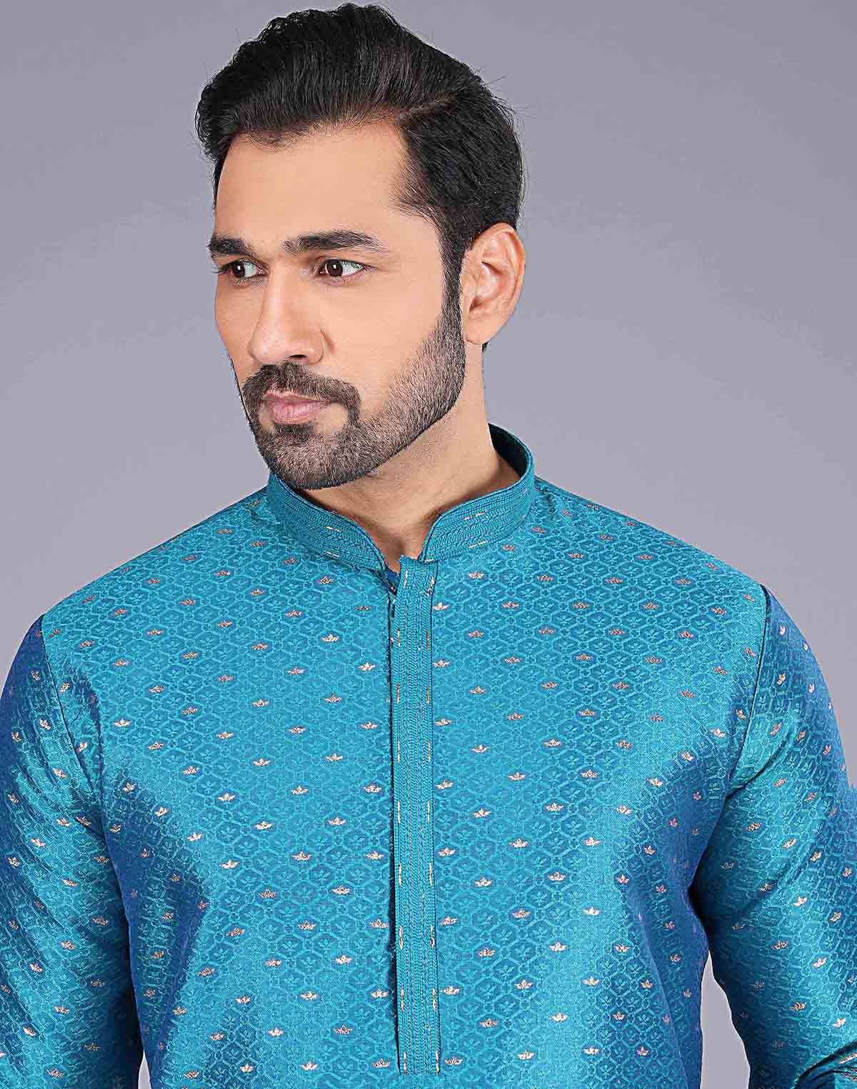 Collection of All Over Self Bootis and Weaving Teal Blue Soft Silk Kurta Set in a gallery layout