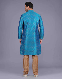 Collection of All Over Self Bootis and Weaving Teal Blue Soft Silk Kurta Set in a gallery layout