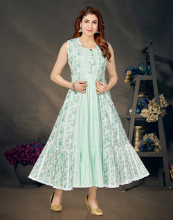 Collection of Dress Cum Kurta with Floral Print Cotton Silk Shrug-set Of 2 in a gallery layout