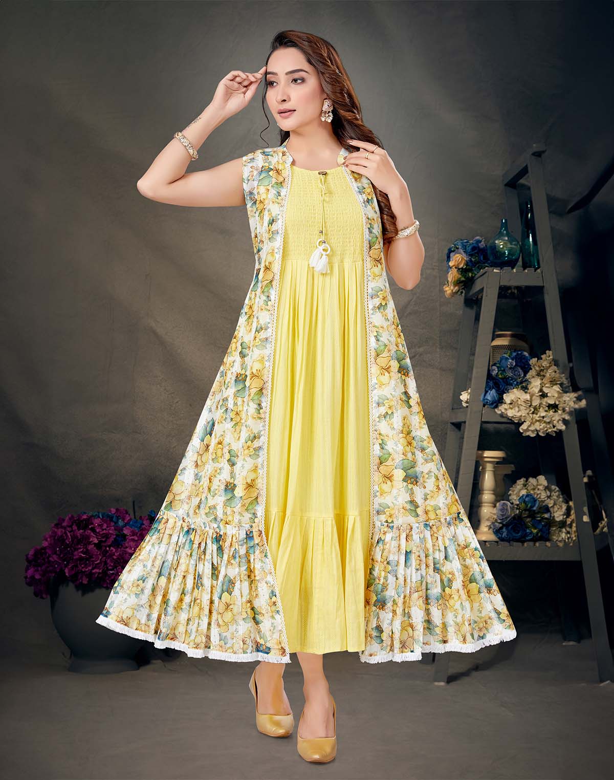 Collection of Yellow Long Flared Kurti With Knee-length Shrug in a gallery layout