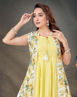 Collection of Yellow Long Flared Kurti With Knee-length Shrug in a gallery layout