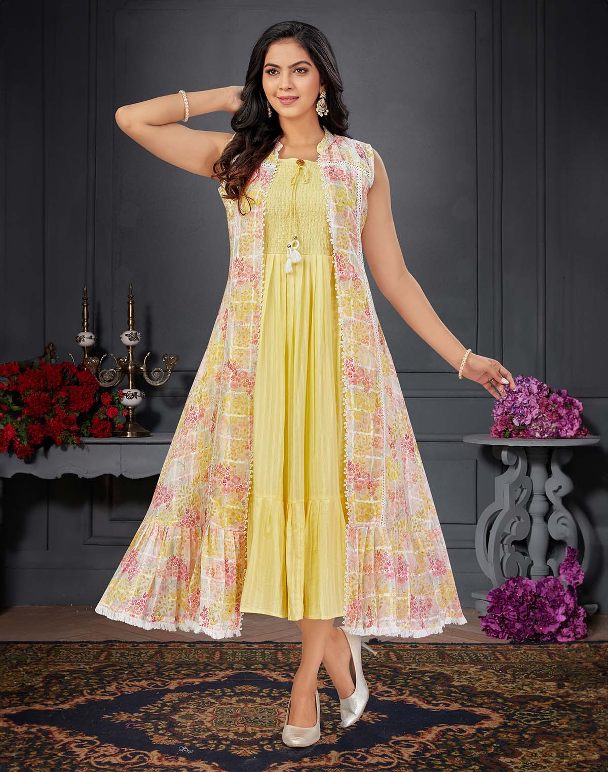 Light Yellow Floral Print Cotton Silk Kurti with Shrug