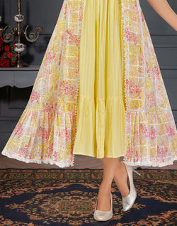 Collection of Light Yellow Floral Print Cotton Silk Kurti with Shrug in a gallery layout