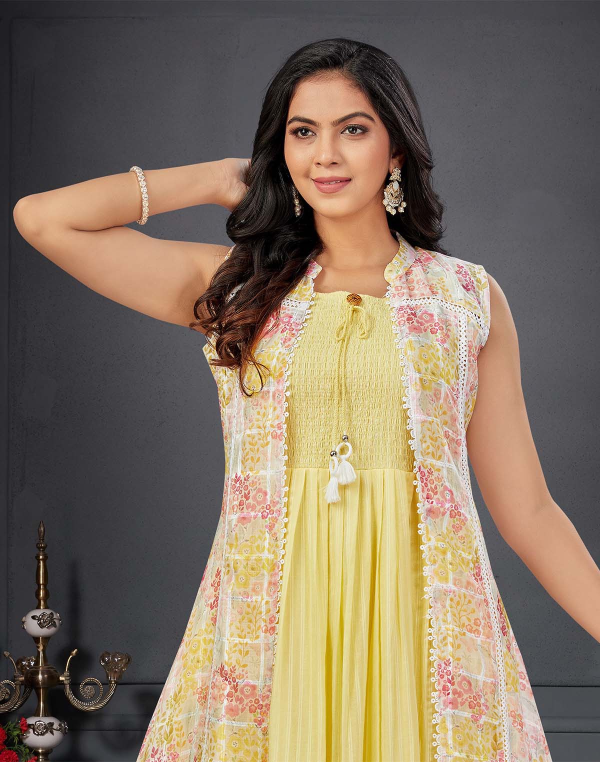 Collection of Light Yellow Floral Print Cotton Silk Kurti with Shrug in a gallery layout