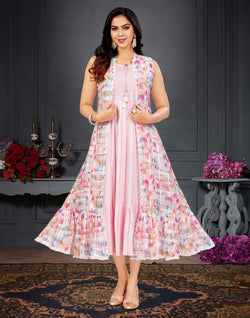 Collection of Pink Coloured Cotton Silk Graphic Print Kurti with Shrug in a gallery layout