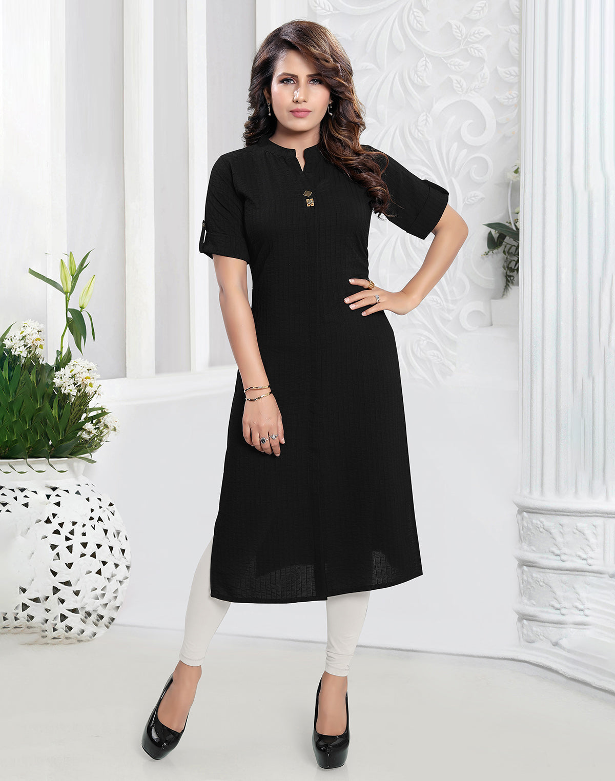 Collection of Black Cotton Silk Kurti in a gallery layout