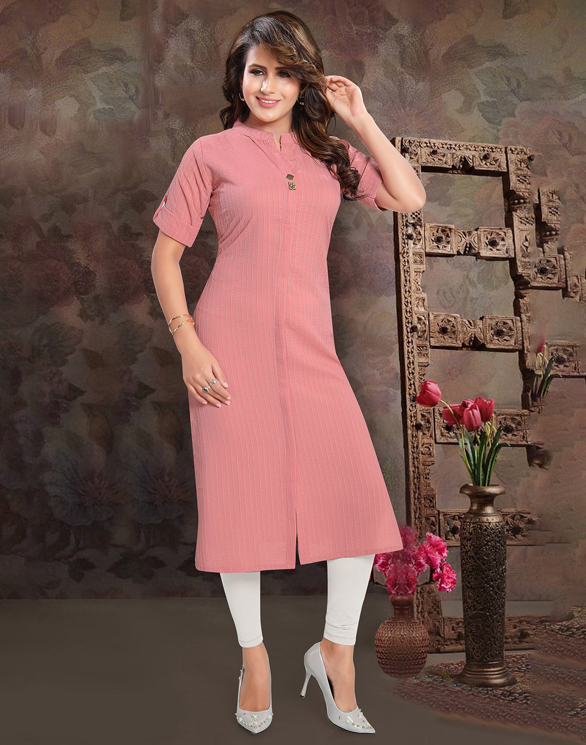 Collection of Light Peach Cotton Silk Kurti in a gallery layout