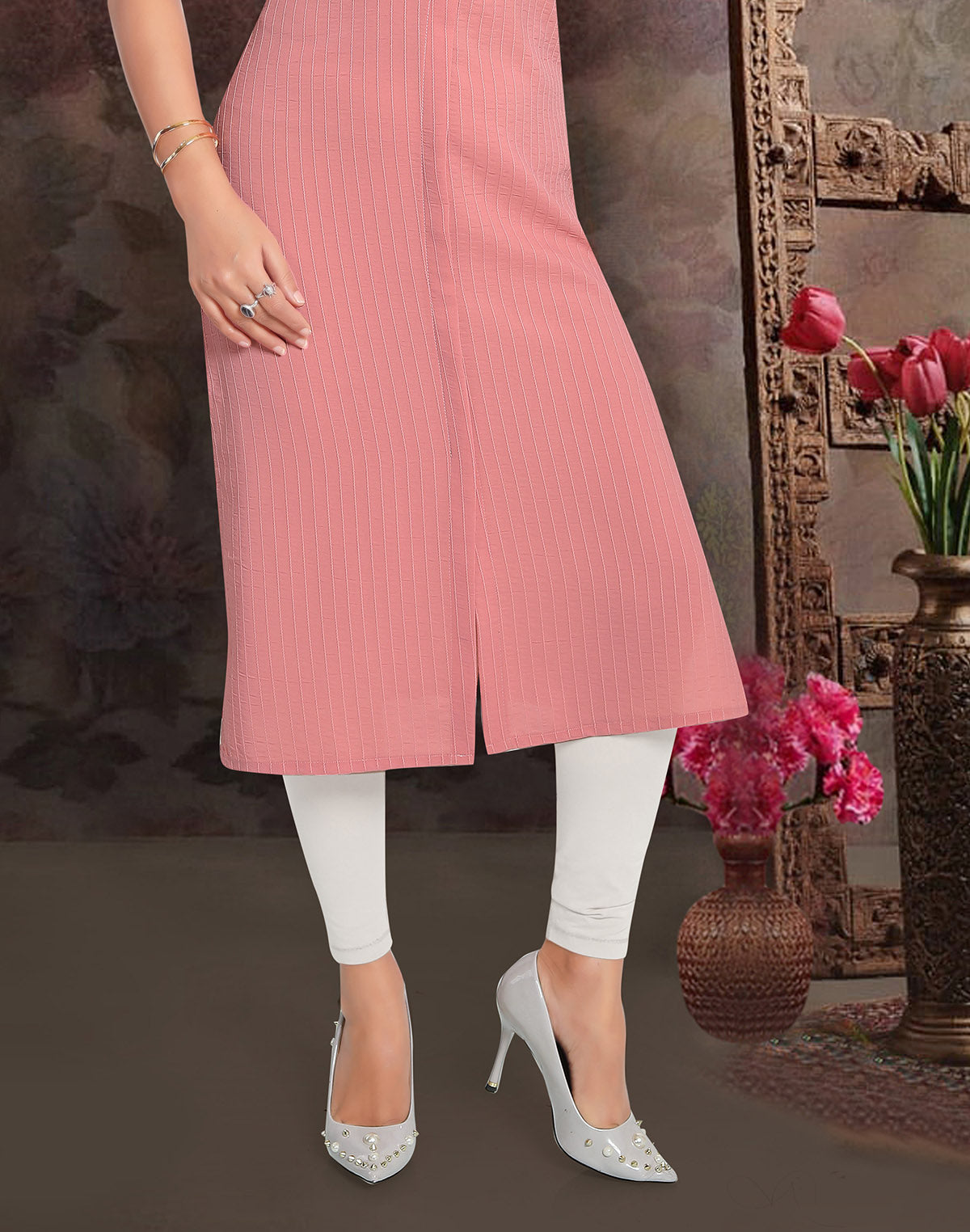 Collection of Light Peach Cotton Silk Kurti in a gallery layout