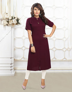 Collection of Maroon Stripes Self Pattern Cotton Silk Kurti in a gallery layout