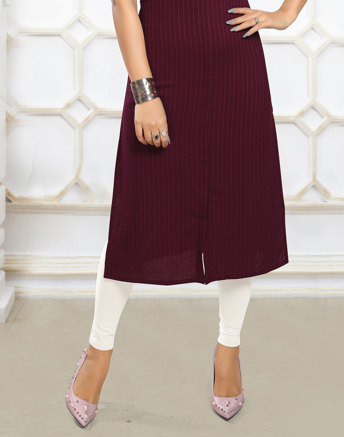 Maroon Stripes Self Pattern Cotton Silk Kurti