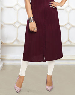 Collection of Maroon Stripes Self Pattern Cotton Silk Kurti in a gallery layout