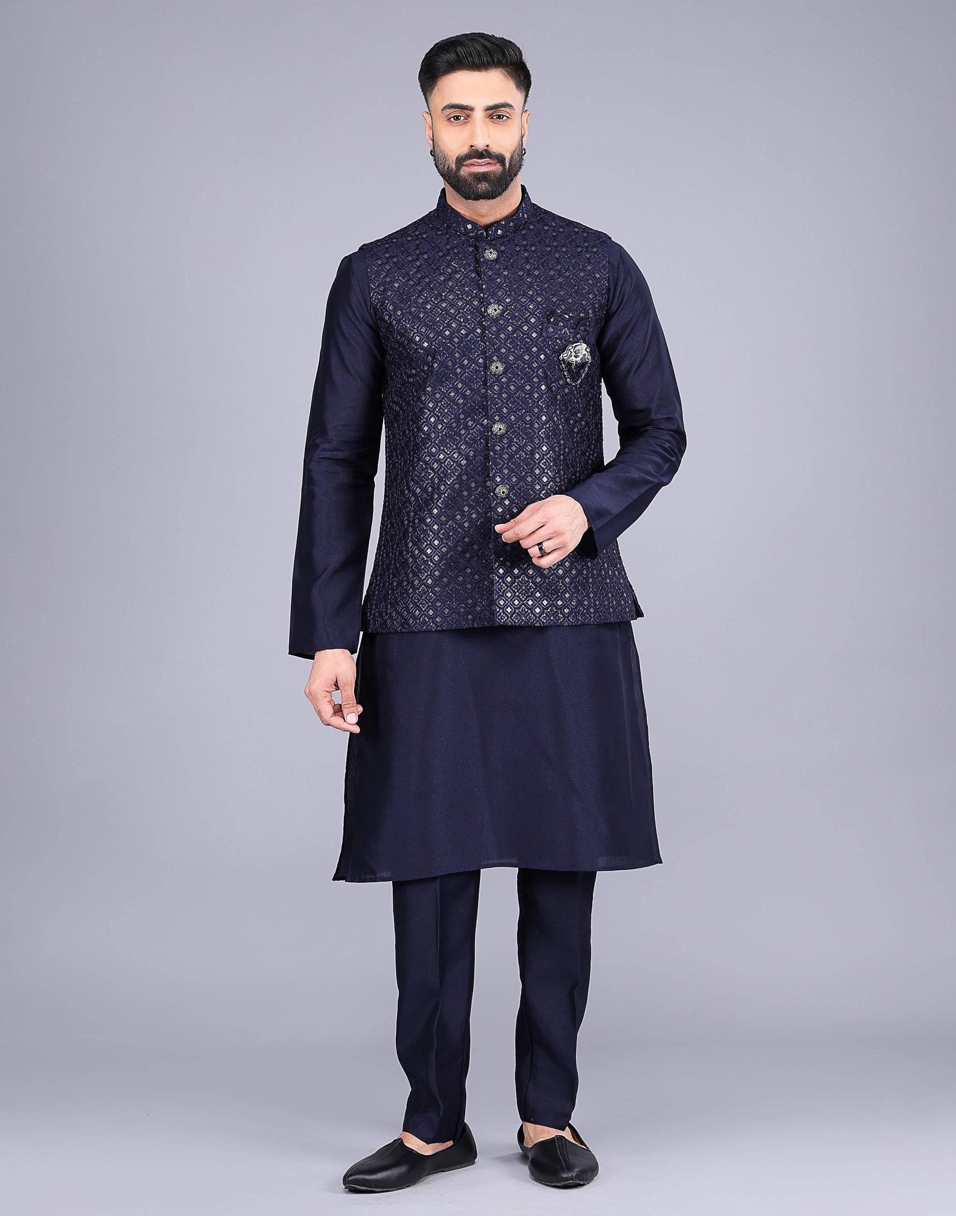 Blue Stylish Self Highlighted Thread and Sequence Design Kurta Jacket