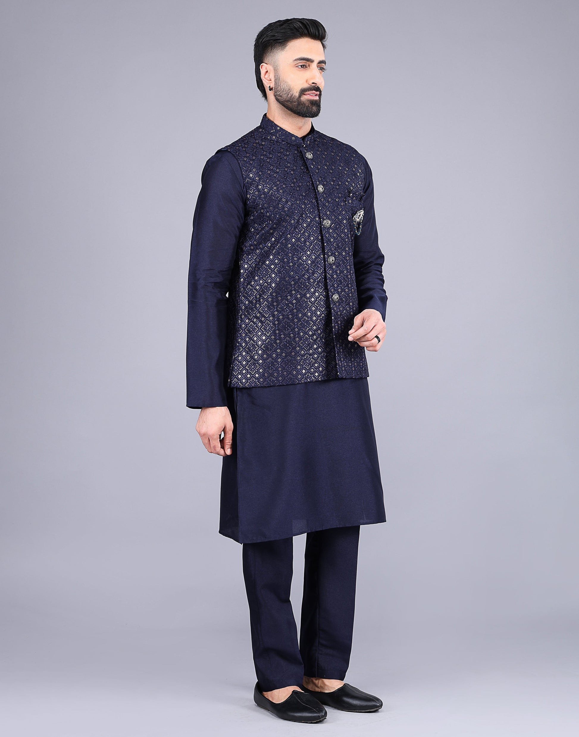 Blue Stylish Self Highlighted Thread and Sequence Design Kurta Jacket