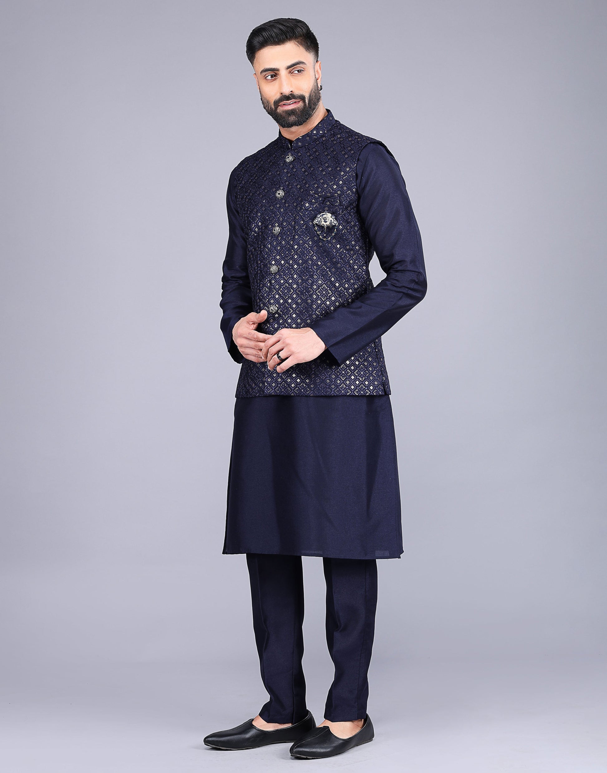 Blue Stylish Self Highlighted Thread and Sequence Design Kurta Jacket