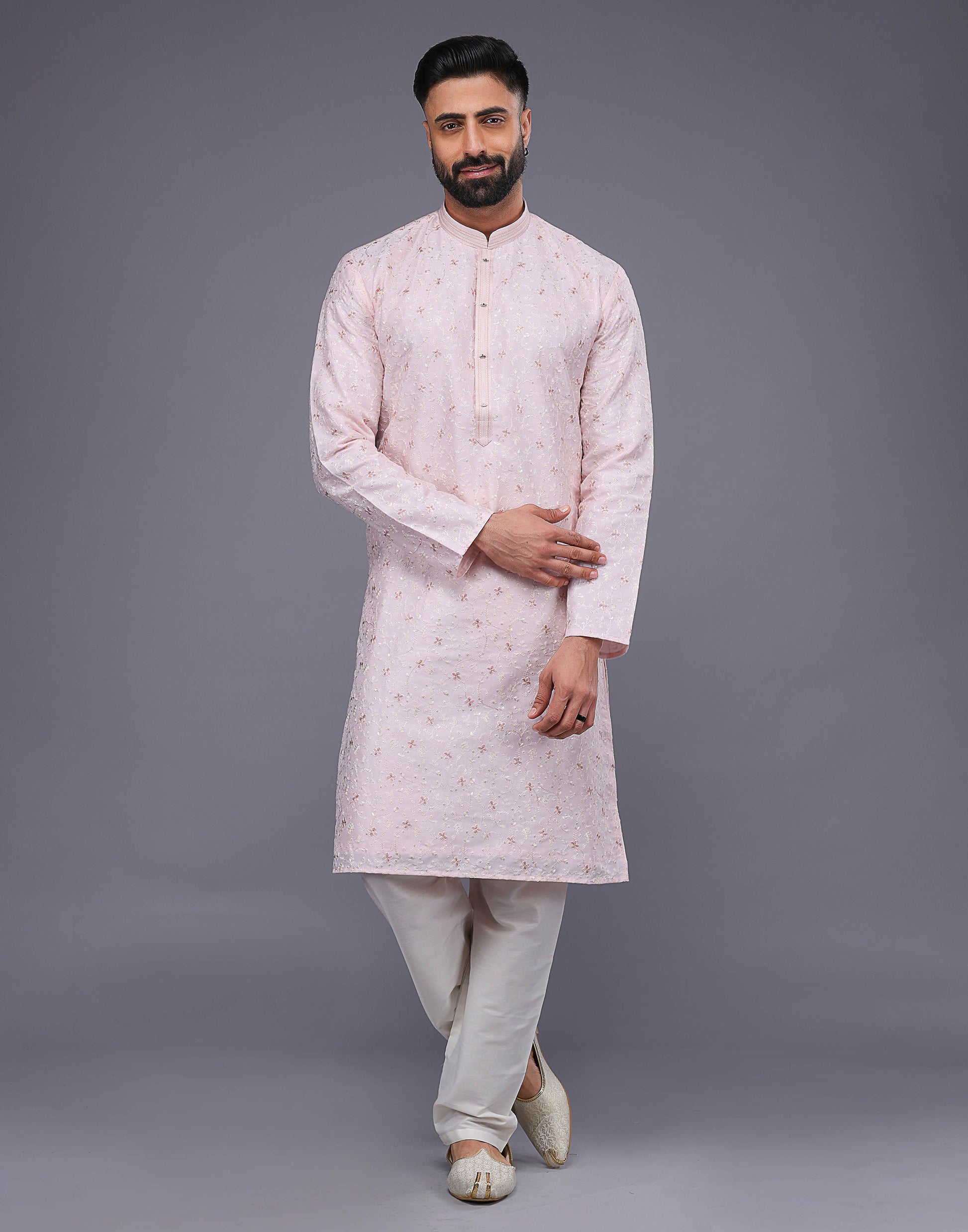 Peach Color Floral Design Thread Embroidery Work Kurta Set