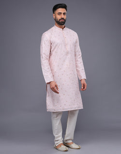 Collection of Peach Color Floral Design Thread Embroidery Work Kurta Set in a gallery layout