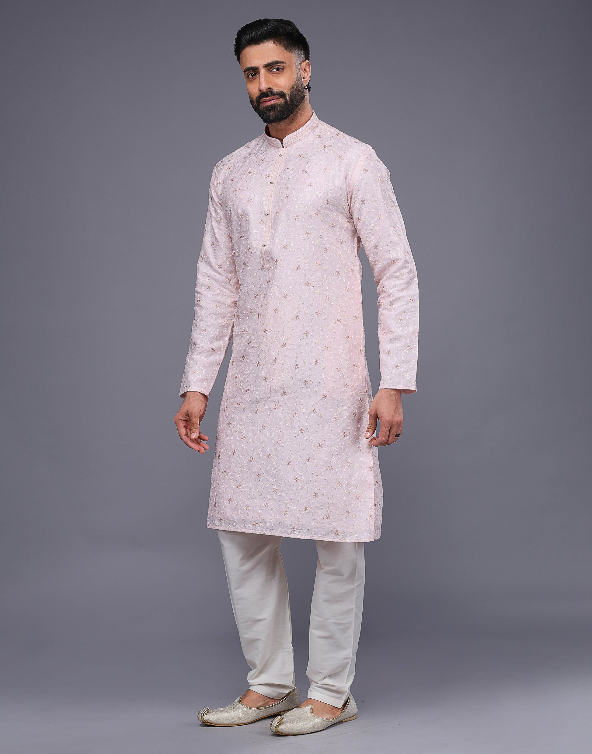 Peach Color Floral Design Thread Embroidery Work Kurta Set