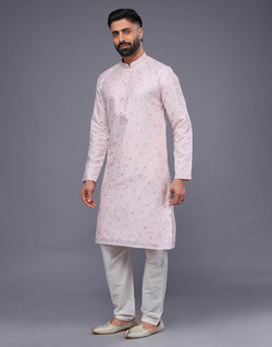 Collection of Peach Color Floral Design Thread Embroidery Work Kurta Set in a gallery layout