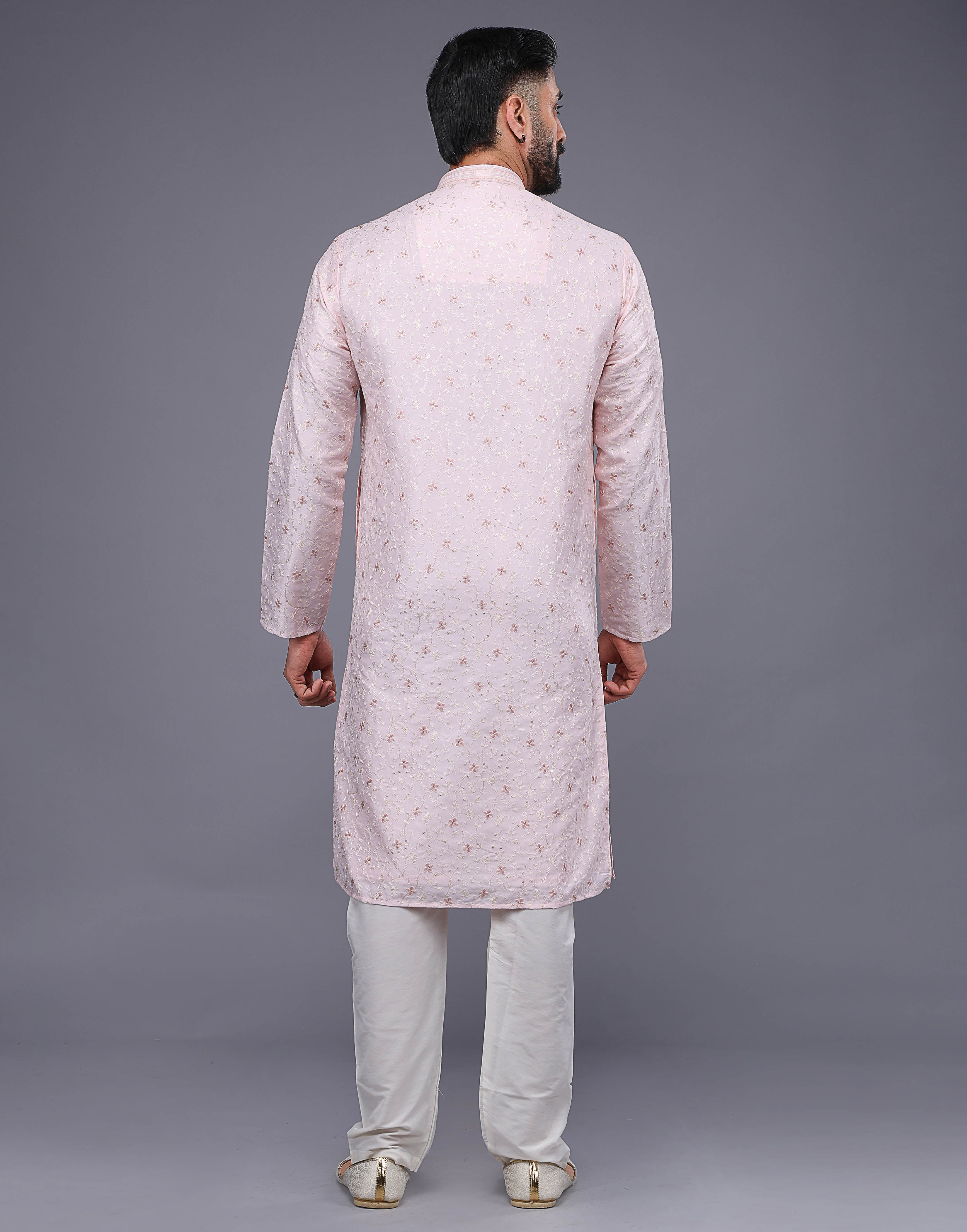 Collection of Peach Color Floral Design Thread Embroidery Work Kurta Set in a gallery layout