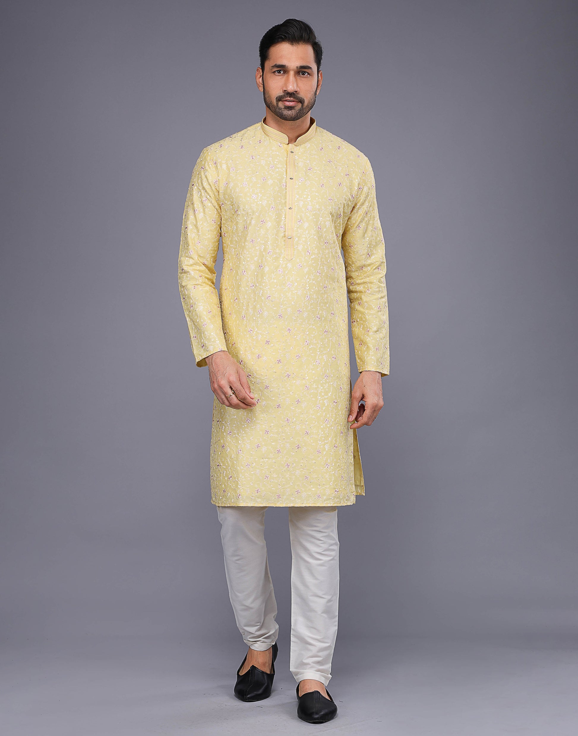 Yellow Color Floral Design Thread Embroidery Work Kurta Set