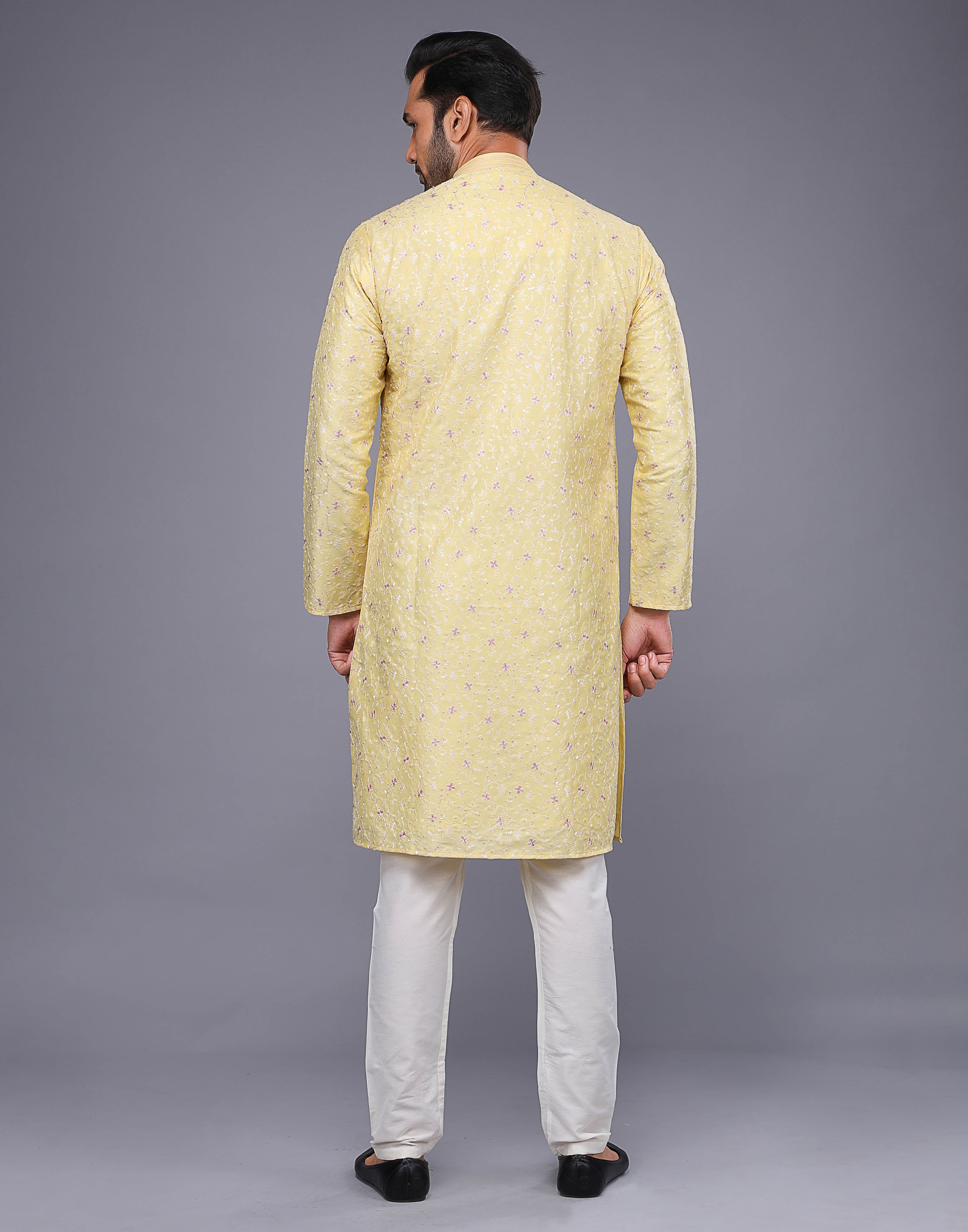 Collection of Yellow Color Floral Design Thread Embroidery Work Kurta Set in a gallery layout